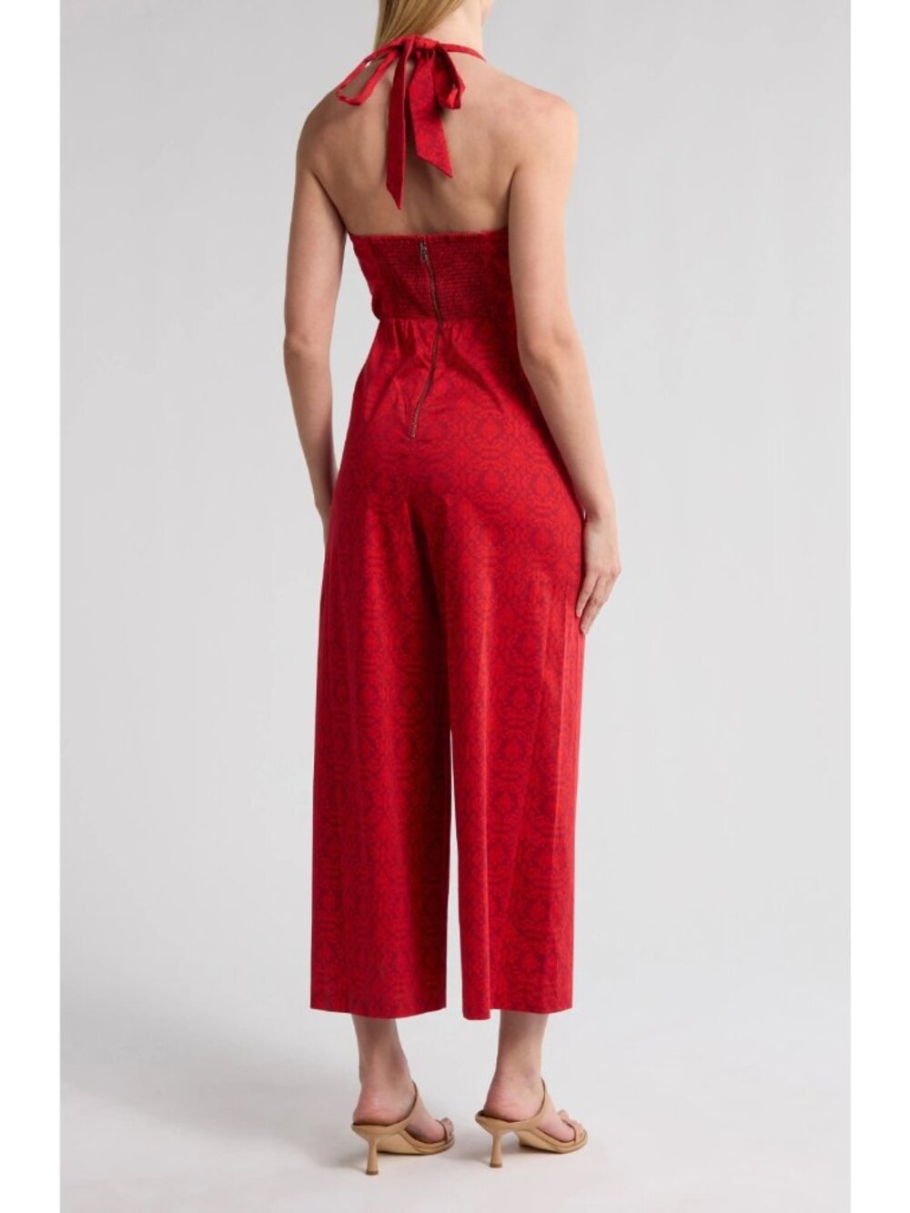 Alice + Olivia Aida Women's Cropped Wide Leg Cotton Halter Jumpsuit Red Size 10 - Picture 2 of 5